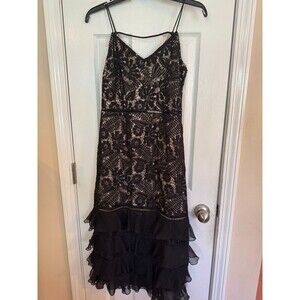 NEW Yellow Hanger Black Lace Party Dress Small Nude Lining Tiered Ruffle Hem